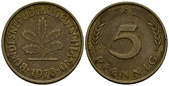ФРГ 5 пфеннигов 1978 D J.382, KM 107 сталь плакированная латунью    4598-1016