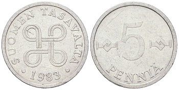Финляндия 5 пенни 1983 KM 45a алюминий 218-1051