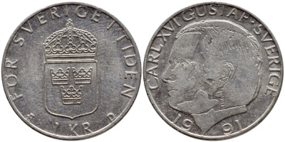 Швеция 1 крона 1991 Карл XVI Густав (1973- ) KM 852a медно-никель 4390-1112