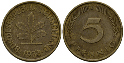 ФРГ 5 пфеннигов 1978 D J.382, KM 107 сталь плакированная латунью    4598-1016