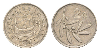 Мальта 2 цента 1986 оливковая ветвь KM 79 медно-никель 4644-1247