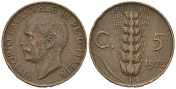 Италия 5 чентезимо 1922 R, Виктор Эммануил III (1900-1946) KM 59 бронза 4615-619