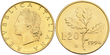 Италия 20 лир 1994 R, дубовый лист KM 97.2 алюминиевая бронза  UNC  4594-915