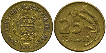 Перу 25 сентаво 1973 KM 259 латунь 4532-654