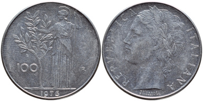 ИТАЛИЯ 100 ЛИР 1976 R, АФИНА KM 96.1 нержавеющая сталь 4394-614