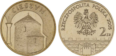 Польша 2 злотых 2005 MW, серия польские города, Цешин (Cieszyn) KM 753, Parchimowicz 962 латунь UNC 603-1011