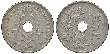 Бельгия 25 сантимов 1927 Belgique KM 68.1 медно-никель 4163-631