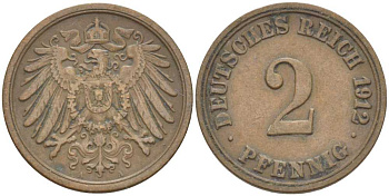 Германия 2 пфеннига 1912 A KM 16, J. 11, Weege 4 медь 212-413