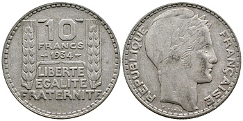 Франция 10 франков 1931 Пьер Тюрен KM 878, Le Franc 360.4 серебро 79-1424