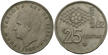 Испания 25 песет 1980 (82) Чемпионат мира по футболу в Испании 1982, Король Хуан Карлос I (1975 - 2014) KM 818 медно-никель 4137-111