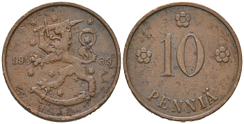 Финляндия 10 пенни 1939 KM 24 медь 4577-157