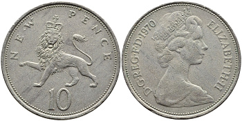 Великобритания 10 пенсов 1970 Елизавета II (1952-2022) KM 912, Spink 4231 (F1) медно-никель 4389-845