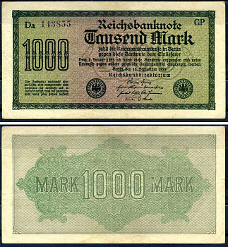 Германия 1000 марок 1922 выпуск 15 сентября 1922, водяной знак D, белая бумага, серия GP, буква Da Pick 76 d (1) бумага 8617-46-2-2