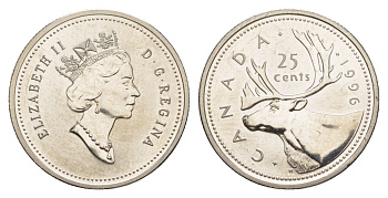 Канада 25 центов 1996 Елизавета II (1952-2022), олень, specimen KM 184 никель BU 4638-544