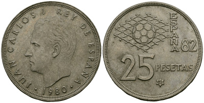 Испания 25 песет 1980 (82) Чемпионат мира по футболу в Испании 1982, Король Хуан Карлос I (1975 - 2014) KM 818 медно-никель 4137-111