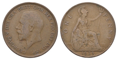 Великобритания 1 пенни 1929 Георг V (1910-1936) KM 838, Spink 4055 бронза 4661-726