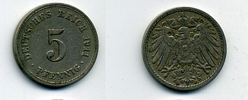 Германия 5 пфеннигов 1911 E KM 11, Jager 12, Weege 6 медно-никель 25-1421