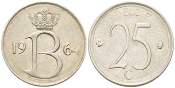 Бельгия 25 сантимов 1964 Belgie, Бодуэн I (1951-1993) KM 154.1 медно-никель 214-141