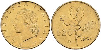 Италия 20 лир 1991 R, дубовый лист KM 97.2 алюминиевая бронза  UNC  4594-829