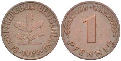 ФРГ 1 ПФЕННИГ 1969 F KM 105, J. 380 сталь плакированная медью 4181-549