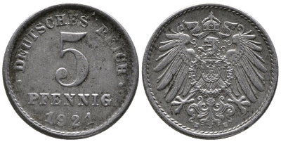 ГЕРМАНИЯ 5 ПФЕННИГОВ 1921 E KM 19, J. 297 железо 39-266