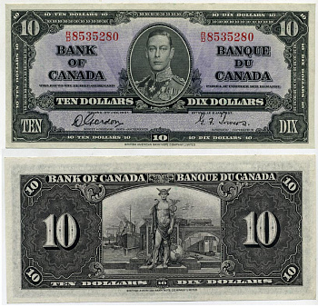 КАНАДА 10 ДОЛЛАРОВ 1937 ГЕОРГ VI, ПОДПИСЬ GORDON-TOWERS, BABNC Pick 61b бумага аUNC 000-000-00