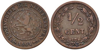 НИДЕРЛАНДЫ 1/2 ЦЕНТА 1901 ВИЛЬГЕЛЬМИНА (1890-1948) KM 109 бронза 39-144