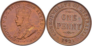 АВСТРАЛИЯ 1 ПЕННИ 1921 ГЕОРГ V (1910-1936) KM 23 бронза 441-824