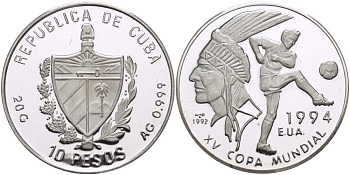 Куба 10 песо 1992 чемпионат мира по футболу В США 1994 года, тонкий текст KM 458.2 серебро PROOF 00-000-00