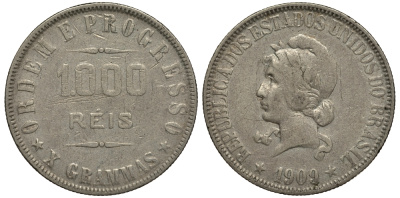 БРАЗИЛИЯ 1000 РЕЙС 1909 ГОЛОВА СВОБОДЫ ВЛЕВО KM 507 серебро 272-325