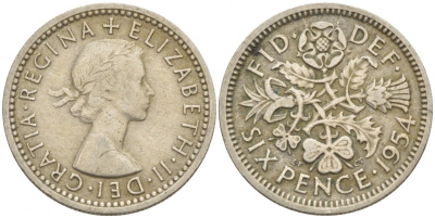 Великобритания 6 пенсов 1954 Елизавета II (1952-2022) KM 903, Spink 4149 медно-никель 4528-915