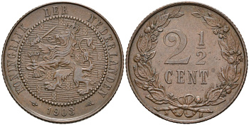 Нидерланды 2 1/2 цента 1903 Вильгельмина (1890-1948) KM 134 бронза 4575-855