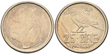 Норвегия 25 эре 1969 Улаф V (1958-1991), синица KM 407 медно-никель 4580-1038