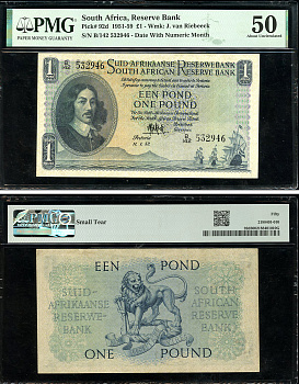 ЮАР 1 фунт 1952 Бартоломеус Вермуйден, 11 января 1952, африкаанс-английский, в слабе PMG 50 About Uncirculated Pick 93 e бумага  aUNC  452-1-14