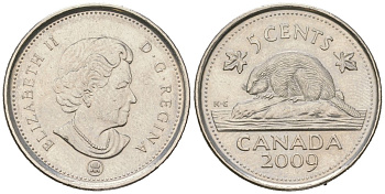 Канада 5 центов 2009 Leaf, Елизавета II (1952-2022), бобер KM 491 сталь плакированный никелем UNC 4382-1114