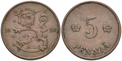 ФИНЛЯНДИЯ 5 ПЕННИ 1928 KM 22 медь 192-1246