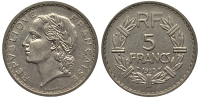 ФРАНЦИЯ 5 ФРАНКОВ 1935 KM 888 никель 215-345