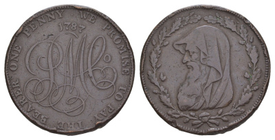 Великобритания, Англси 1 пенни 1787 Parys Mines Co, друид, гурт надпись медь 1519-335