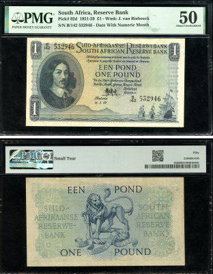 ЮАР 1 фунт 1952 Бартоломеус Вермуйден, 11 января 1952, африкаанс-английский, в слабе PMG 50 About Uncirculated Pick 93 e бумага  aUNC  452-1-14