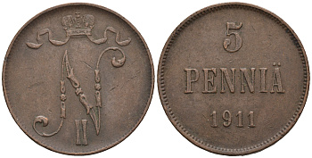 Россия для Финляндии 5 пенни 1911 Николай II (1894-1917) KM 15, Биткин 451 медь 85-312