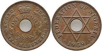 Нигерия 1 пенни 1959 Елизавета II (1952-), Британский протекторат KM 2 бронза 51-126