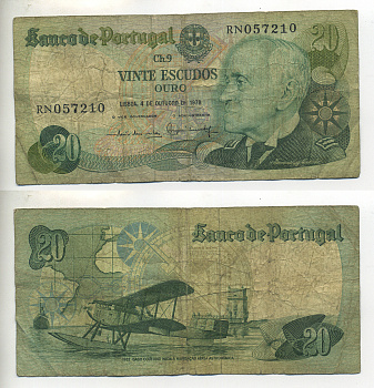 Португалия 20 эскудо 1978 Гагу Коутинью, биплан Fairey III III-MKII Pick 176 a бумага 7552-38-1
