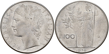 Италия 100 лир 1978 R, Афина у оливкого дерева KM 96.1 нержавеющая сталь 4149-1225