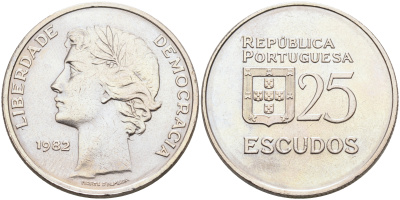 ПОРТУГАЛИЯ 25 ЭСКУДО 1982 KM 607а медно-никель 4590-542