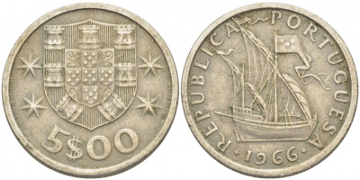 Португалия 5 эскудо 1966 парусник KM 591 медно-никель 3718-453
