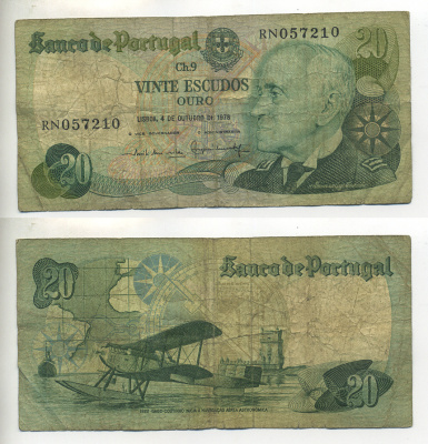 Португалия 20 эскудо 1978 Гагу Коутинью, биплан Fairey III III-MKII Pick 176 a бумага 7552-38-1
