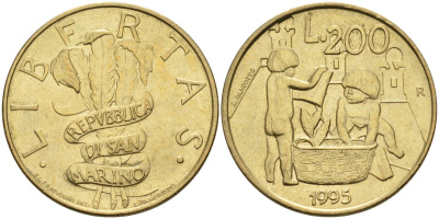 Сан-Марино 200 лир 1995 двое детей играют KM 329 алюминиевая бронза 4126-137