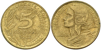 Франция 5 сантимов 1982 KM 933 алюминиевая бронза 4152-434