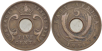 Британская Восточная Африка 5 центов 1951 Георг VI (1936-1952) KM 33 бронза 94-452