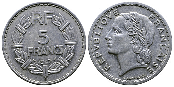 ФРАНЦИЯ 5 ФРАНКОВ 1947 B, CLOSED 9 KM 888b.2 алюминий 4364-4325